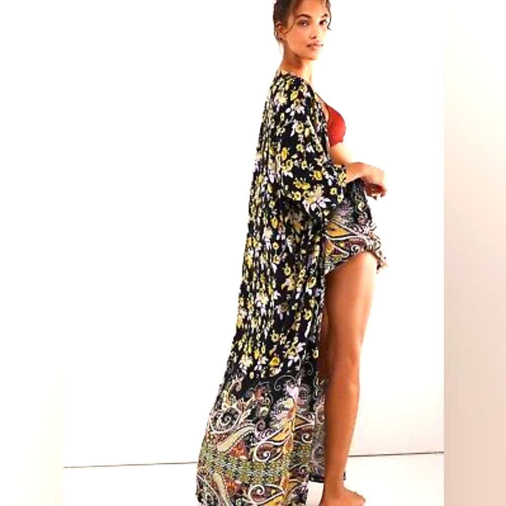 Free People Bali Black Paisley Floral Kimono & Shorts Set